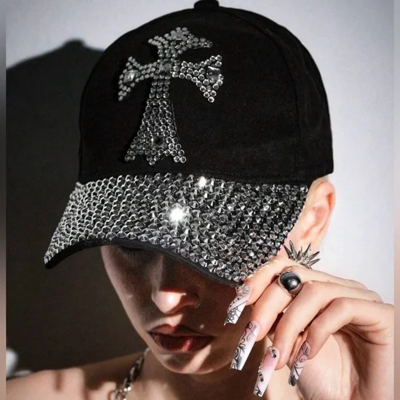 Goth Punk Grunge Rhinestone Cross Bling Hat 🖤 - Picture 1 of 2